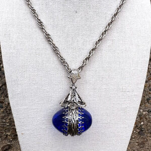 Vintage Whiting Davis Necklace Cobalt Blue Glass Fob Oval Amulet Silver Tone 25"